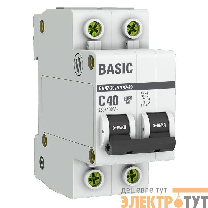 Выключатель автоматический модульный 2п C 40А 4.5кА ВА 47-29 Basic EKF mcb4729-2-40C