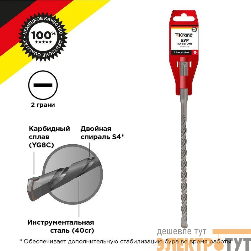 Бур по бетону 8x210мм SDS PLUS Kranz KR-91-0018
