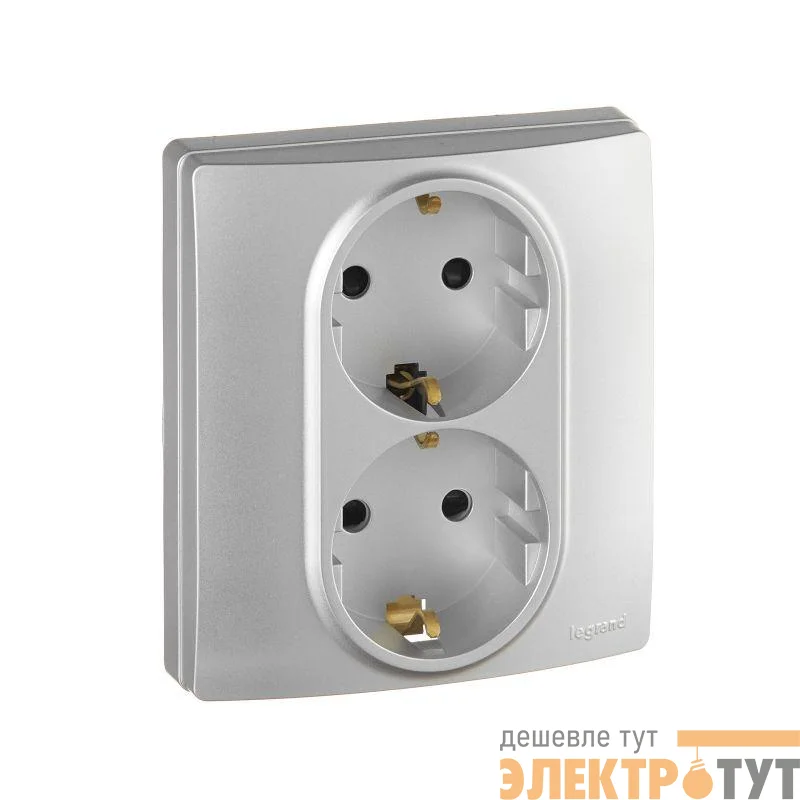 Розетка 2-м СП Etika 2К+З 16А защ. шторки с заземл. безвинт. зажимы в сборе алюм. Leg 672433