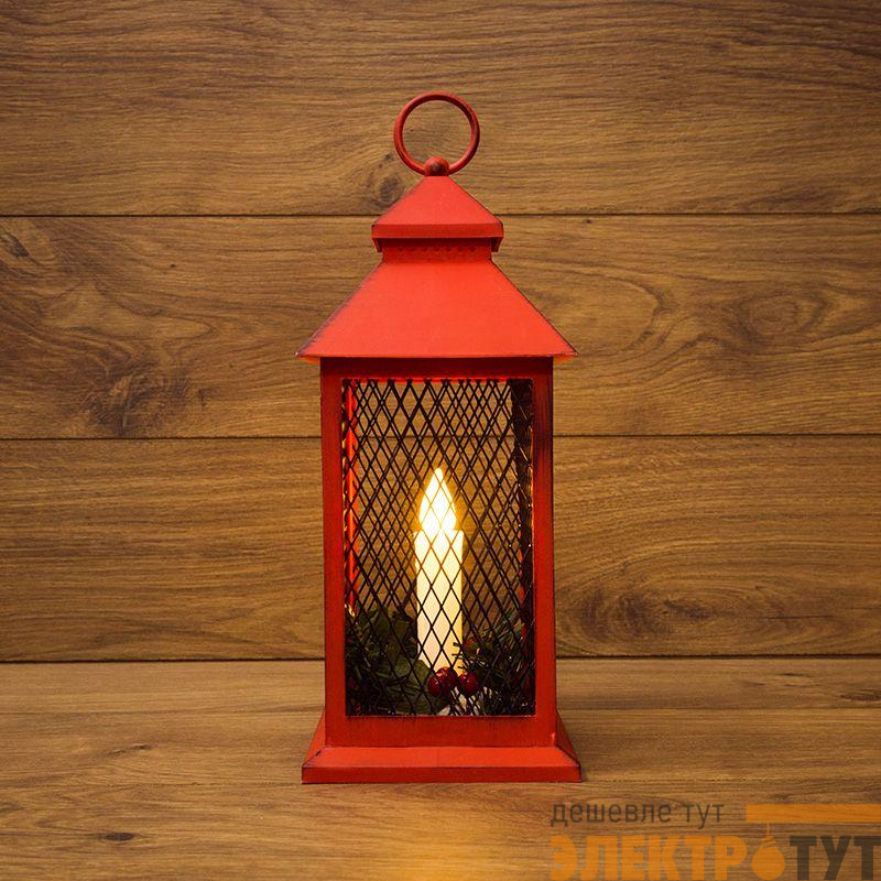Фонарь декоративный 13.5х13.5х30.5см тепл. бел. со свечкой корпус красн. Neon-Night 513-041