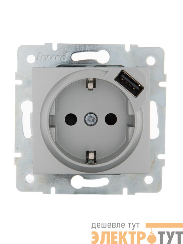 Розетка 1-м СП Karina 16А с заземл. с заряд. устройством USB механизм матов. серебр. LEZARD 707-4388-181