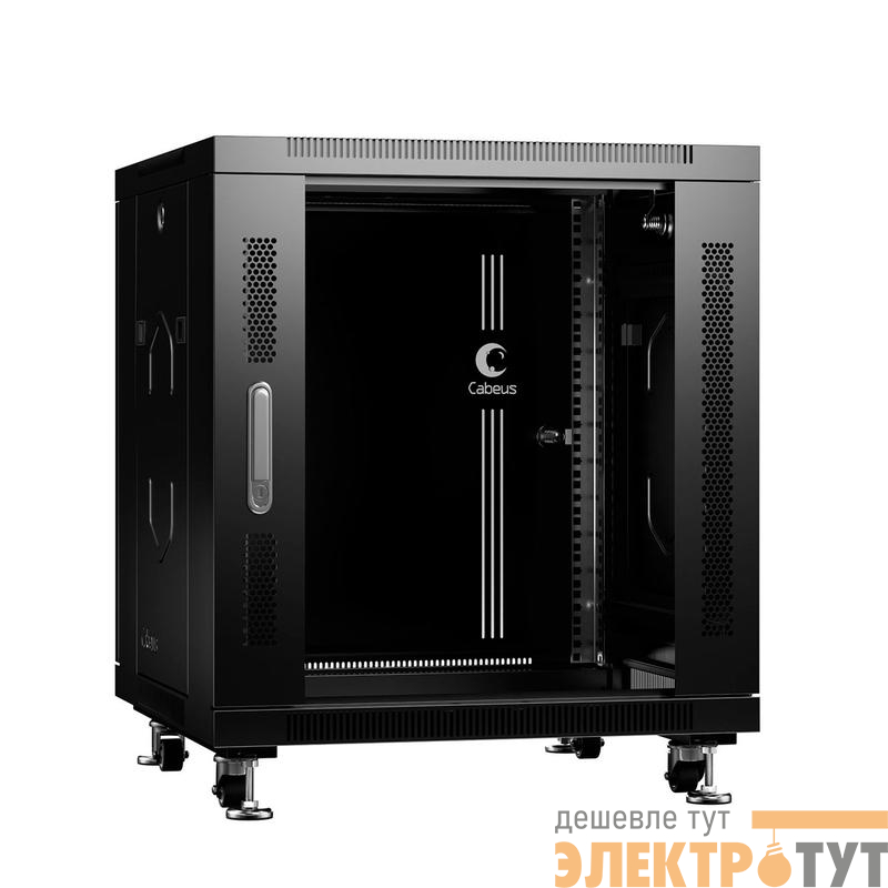 Шкаф монтажный телекоммуникационный напольный SH-05C-12U60/60-BK 19дюйм для распред. и серверн. оборудования 12U 600х600х730мм передн. стеклян. и задн. сплошн. метал. двери ручка с замком черн. (RAL 9004) Cabeus 8554c