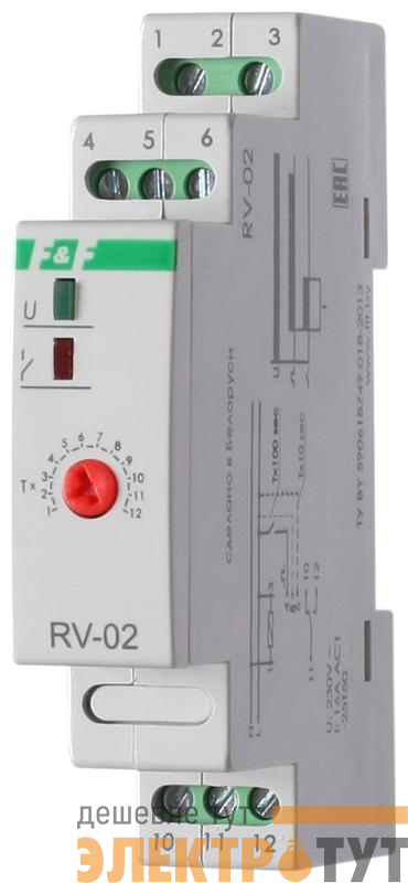 Реле времени RV-02 16А 1..120с 230В 1 перекл. IP20 задержка выключ. монтаж на DIN-рейке F&F EA02.001.008