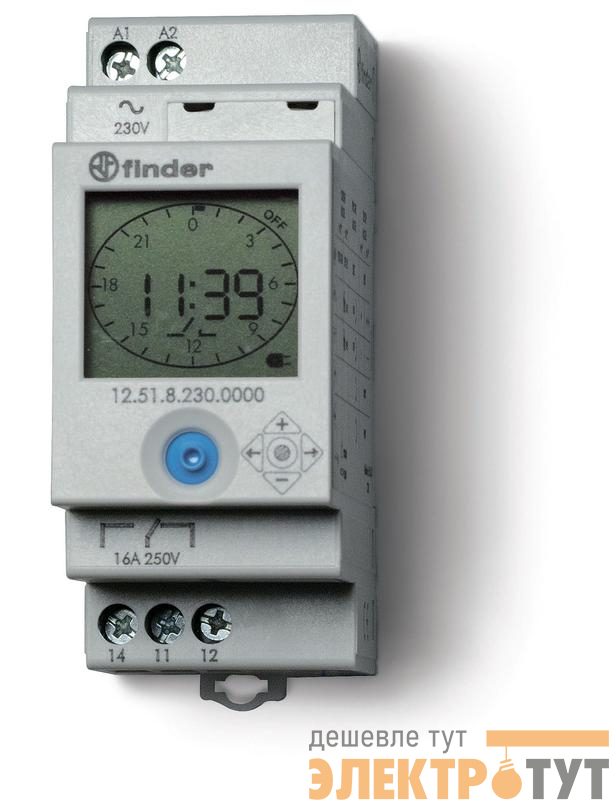 Реле времени цифровое суточное/недельное 16А 110…230В AC/DC 1CO 35мм IP20 монтаж на рейку 35мм FINDER 125182300000