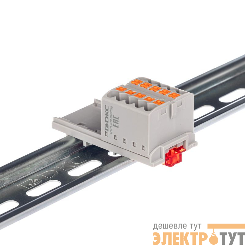 Блок распределительный с вертикал. адаптером на рейки шир. 15/35мм зажим push-in 10 точек подключения 2.5кв.мм сер. DKC DTP1-010-04SPUG-V