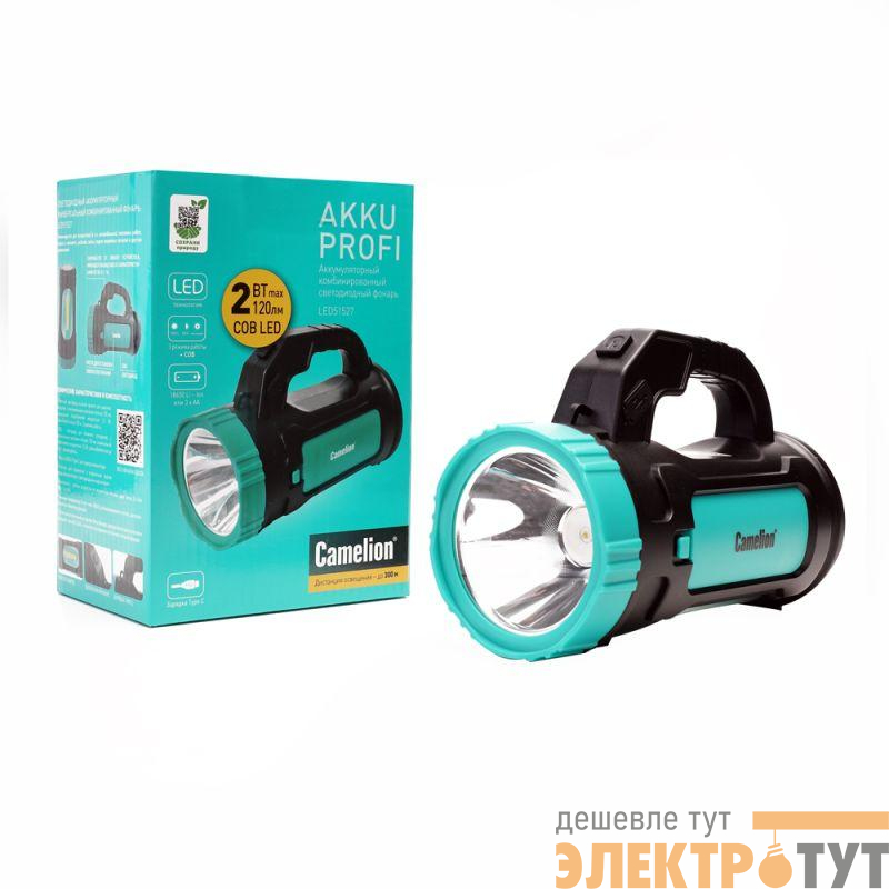 Фонарь аккумуляторный LED51527 3Вт 1LED+COB 4 режима Type C 3хLR03 пластик. черн./зел. Camelion 15130