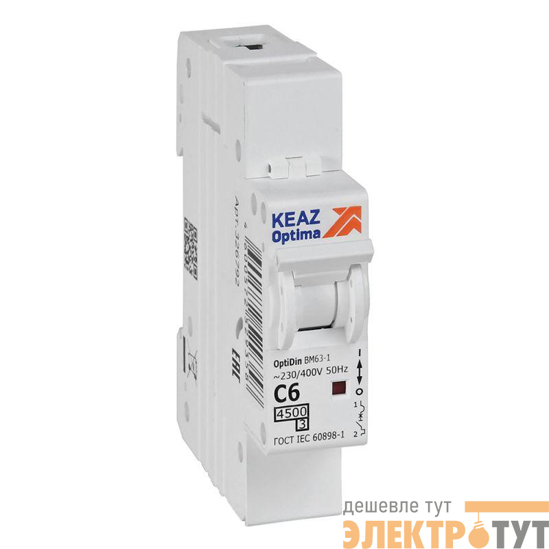 Выключатель автоматический модульный 1п C 6А 4.5кА OptiDin BM63-1C6-4.5-УХЛ3 КЭАЗ 326792