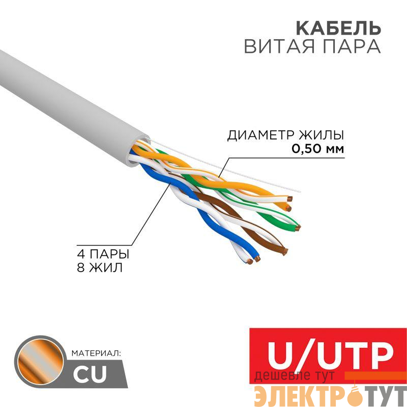 Кабель витая пара U/UTP кат.5E PVC 4PR 24AWG INDOOR SOLID сер. (уп.305м) РФ Rexant 01-0043-R