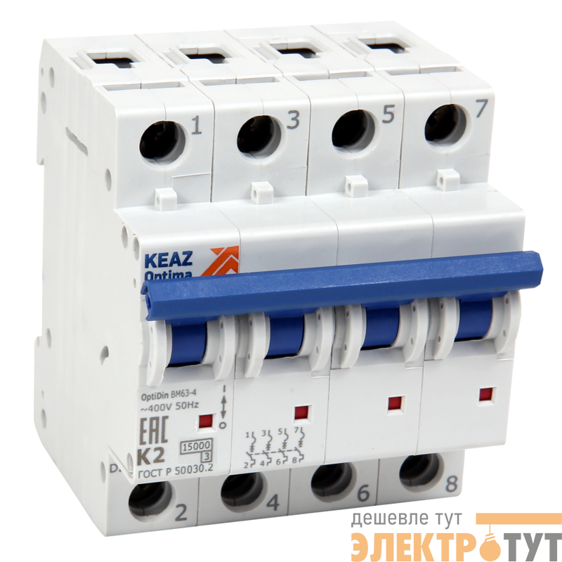 Выключатель автоматический модульный 4п D 6А OptiDin ВМ63-4D6-15-УХЛ3 КЭАЗ 342007