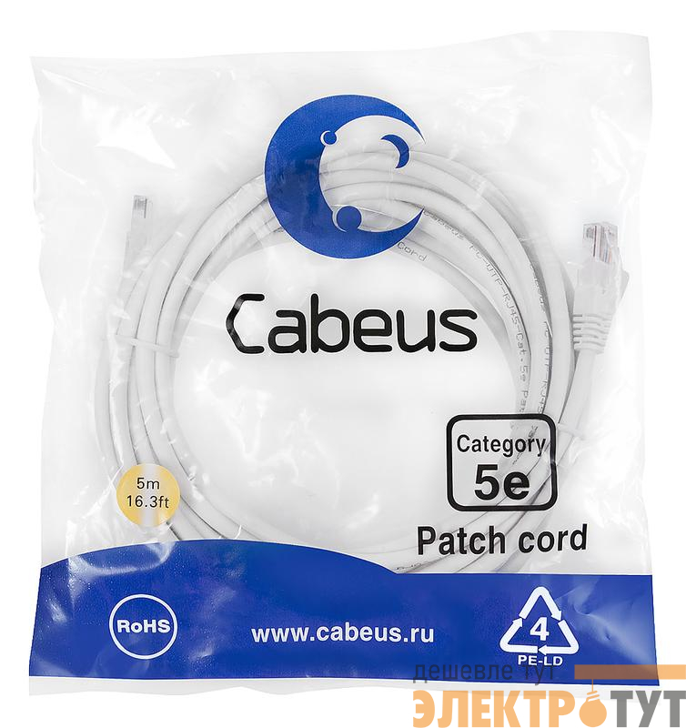 Патч-корд U/UTP кат.5E PC-UTP-RJ45-Cat.5e-5m-WH 2xRJ45/8p8c неэкранир. PVC 5м бел. Cabeus 7687c