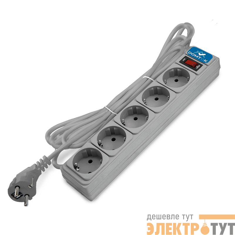 Удлинитель с сетевым фильтром 5х5м с заземл 10А IP20 2.2кВт ПВС 3х1 с выкл. сер. DOMTOK 2534