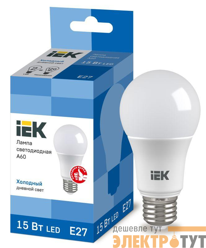 Лампа светодиодная ECO A60 15Вт грушевидная 230В 6500К E27 IEK LLE-A60-15-230-65-E27