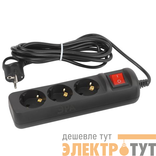 Удлинитель 3х5м с заземл. 10А с выкл. ПВС 3х0.75 черн. UX-3es-5m-B Эра Б0057729