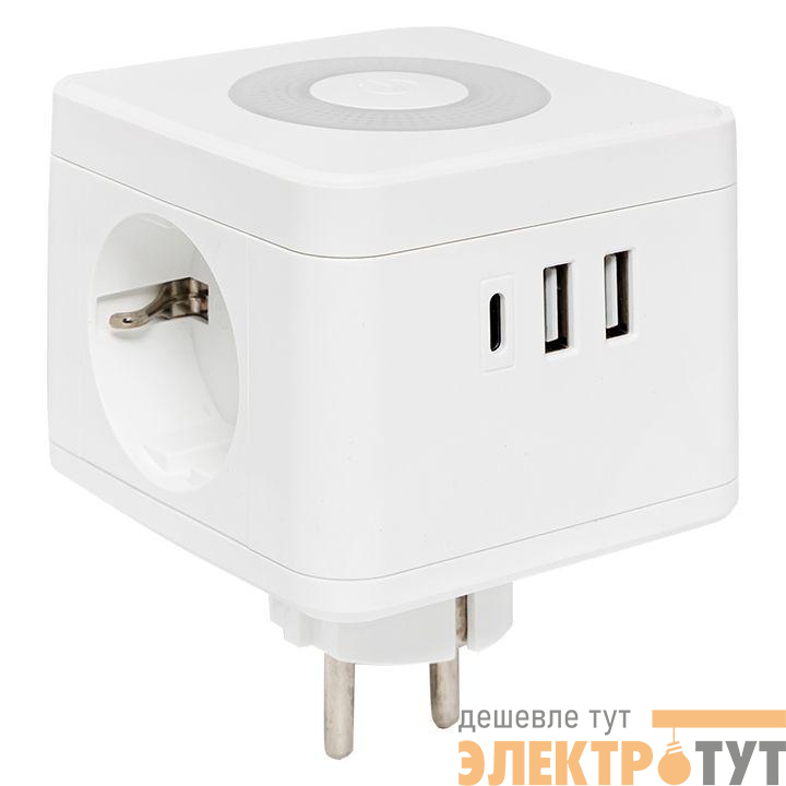 Разветвитель 3-м куб 2 гнезда 2хUSB 2.4А + тип C + ночник EKF UBA-CUB-T2-TC
