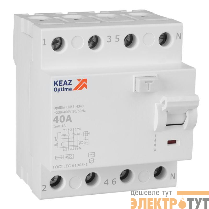 Выключатель дифференциального тока (УЗО) 4п 40А 100мА тип AC 4.5кА OptiDin DM63-4340 УХЛ4 КЭАЗ 343898