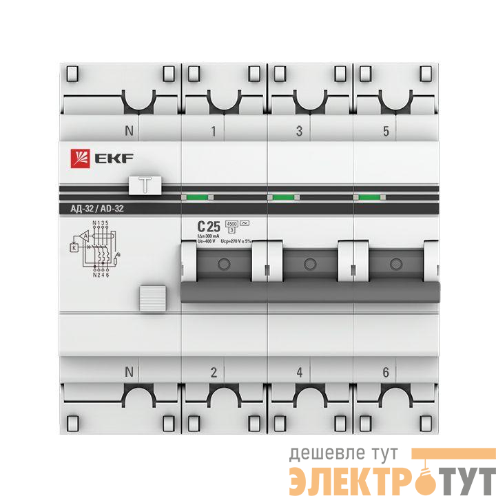 Выключатель автоматический дифференциального тока 3п+N C 25А 300мА тип AC 4.5кА АД-32 PROxima EKF DA32-25-300-4P-pro