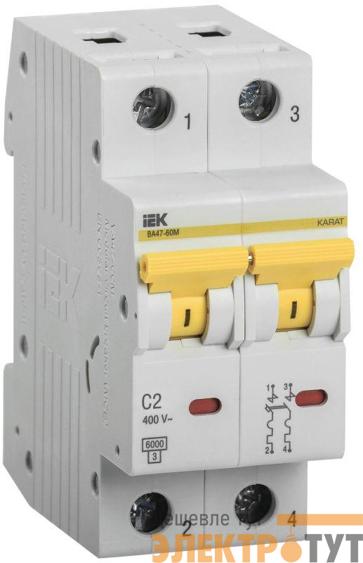Выключатель автоматический модульный 2п C 2А 6кА ВА47-60M KARAT IEK MVA31-2-002-C