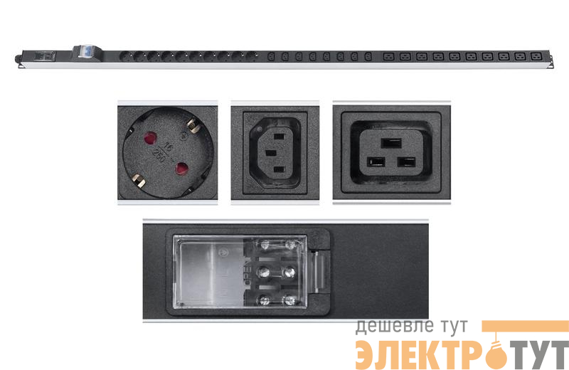 Блок розеток для 19дюйм шкафов PDU-32-10S-10C19-8C13-B-T вертик. 10 розеток Schuko 10 розеток IEC 320 C19 8 розеток IEC 320 C13 32А автомат защиты алюм. корпус клем. колодка Cabeus 9547c