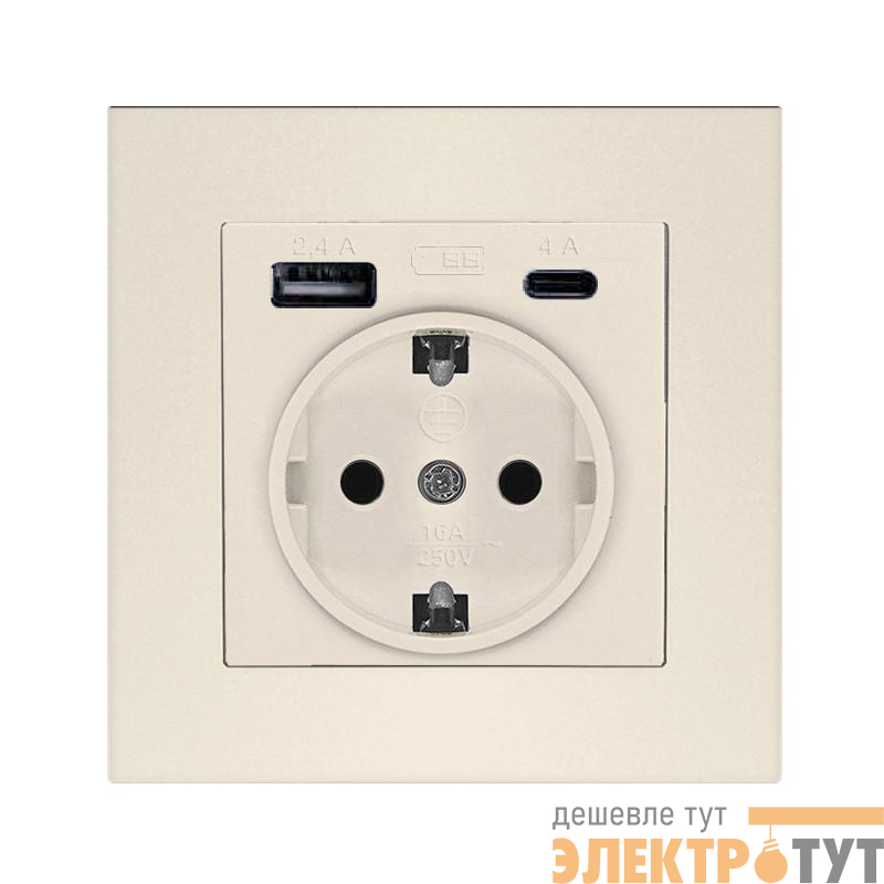 Розетка 2-м USB СП Афина тип А+С 5В 1х2.4А 2х4А механизм шампань Universal A0059-Br
