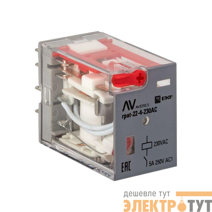 Реле промежуточное RPAt 22/4 5А 230В AC с кнопкой и мех. индикацией AVERES EKF rpat-22-4-230AC