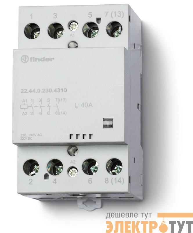 Контактор модульный 4NO 40А AgSnO2 230В AC/DC 53.5мм IP20 опции: мех. индикатор FINDER 224402304310