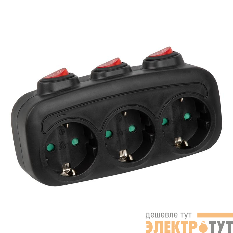 Разветвитель сетевой с выкл. S-GES3-16OB BLACK с/з 3 гнезда 16А 3500Вт черн. Uniel UL-00011240