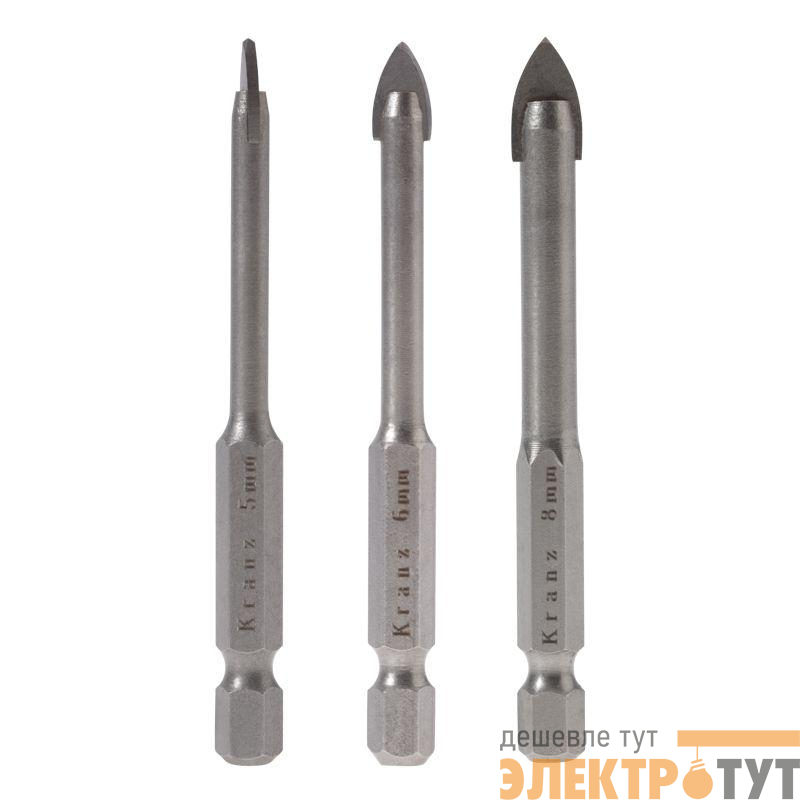 Набор сверл по керамической плитке 5-6-8мм шестигранный хвостовик Kranz KR-91-0655