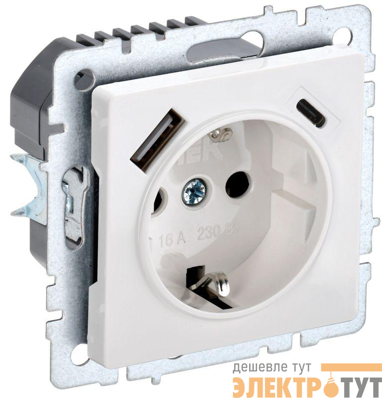 Розетка BRITE РЮш11-1-БрБ 16А с USB A+C 18Вт с заземл. защ. шторки механизм бел. IEK BR-R14-16-U22-018-K01
