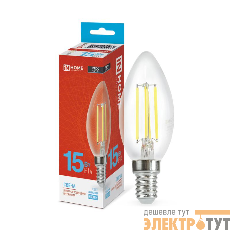 Лампа светодиодная филаментная LED-СВЕЧА-deco свеча прозрачная 15Вт 230В E14 6500К 1455лм IN HOME 4690612055961
