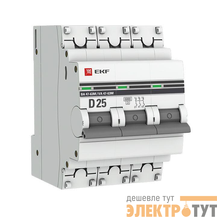 Выключатель автоматический 3п D 25А 6кА ВА 47-63M с одним магн. расцеп. EKF mcb4763m-6-3-25D-pro