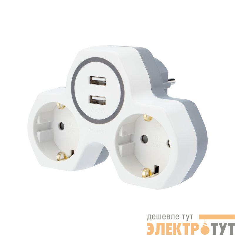 Разветвитель 2-м с заземл. 16А IP20 2хUSB 2.4А защ. шторки бел. Rexant 11-1089