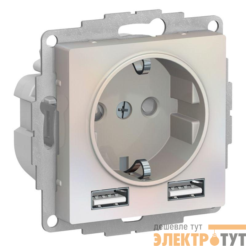 Механизм розетки 3-м СП AtlasDesign 16А IP20 с 2-мя заряд. устройствами USBA+A 5В/2.4А 2х5В/1.2А жемчуж. SchE ATN000430