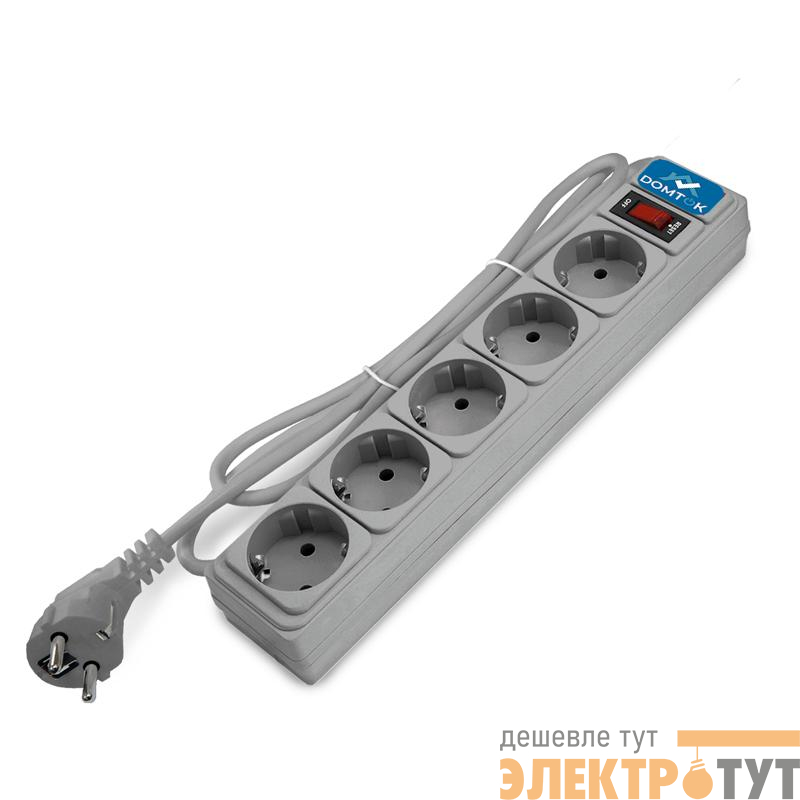 Удлинитель с сетевым фильтром 5х3м с заземл 10А IP20 2.2кВт ПВС 3х1 с выкл. сер. DOMTOK 2533