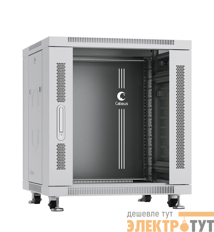Шкаф монтажный телекоммуникационный напольный SH-05C-12U60/60 19дюйм для распред. и серверн. оборудования 12U 600х600х730мм передн. стеклян. и задн. сплошн. метал. двери ручка с замком сер. (RAL 7035) Cabeus 7645c