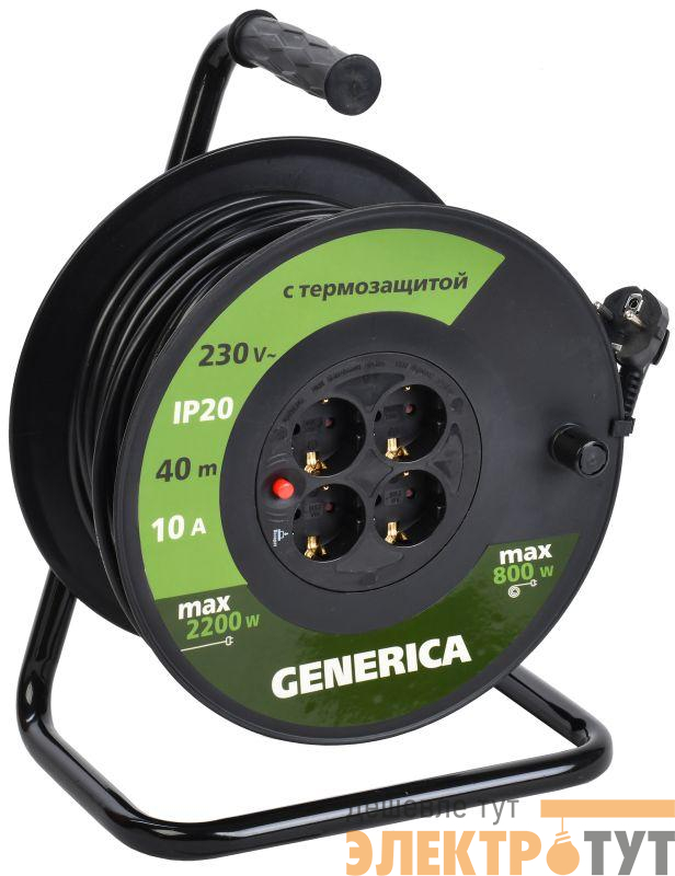 Удлинитель на катушке 4х40м 10А IP20 УК40 2P+PE 3х1 термозащита GENERICA WKP10-10-04-40-G