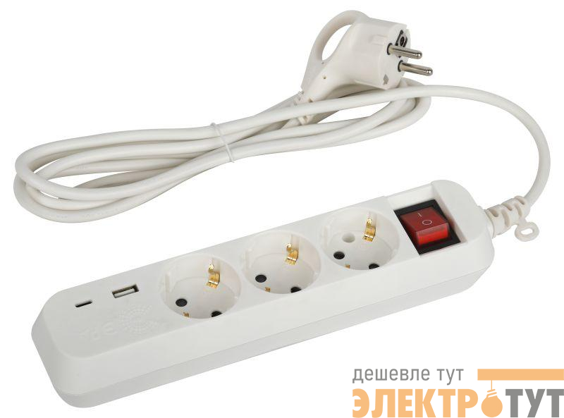 Удлинитель 3х1.5м с заземл. 10А +1xUSBA+1xUSBC с выкл. UB-3es-1.5m-USB Эра Б0052897