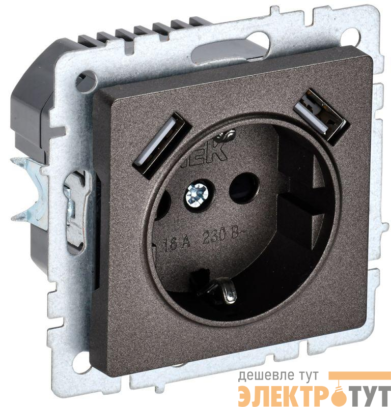 Розетка BRITE РЮш10-1-БрТБ 16А с USB A+A 2.1А с заземл. защ. шторки темн. механизм бронза IEK BR-R14-16-U21-D21-K45