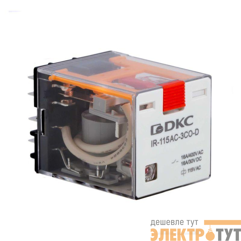 Реле миниатюрное силовое 3CO ком. ток 16А AgSnO2 напряжение 115В AC опция: тест-кнопка+светодиод DKC IR-115AC-3CO-D