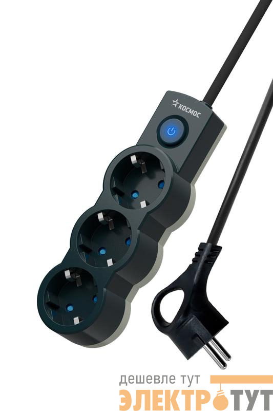Удлинитель 3х5м с заземл. 10А IP20 2200Вт 220В защ. шторки ПВС 3х1 с выкл. черн. КОСМОС YKsm5m-3g-Z-V10A-B