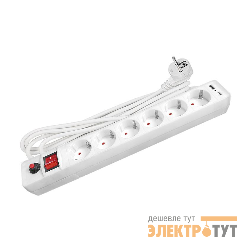 Удлинитель с сетевым фильтром 6х5м с заземл. 10А IP20 2.2кВт USB type-A + type-C ПВС 3х0.75 с выкл. бел. UNIVersal 2545