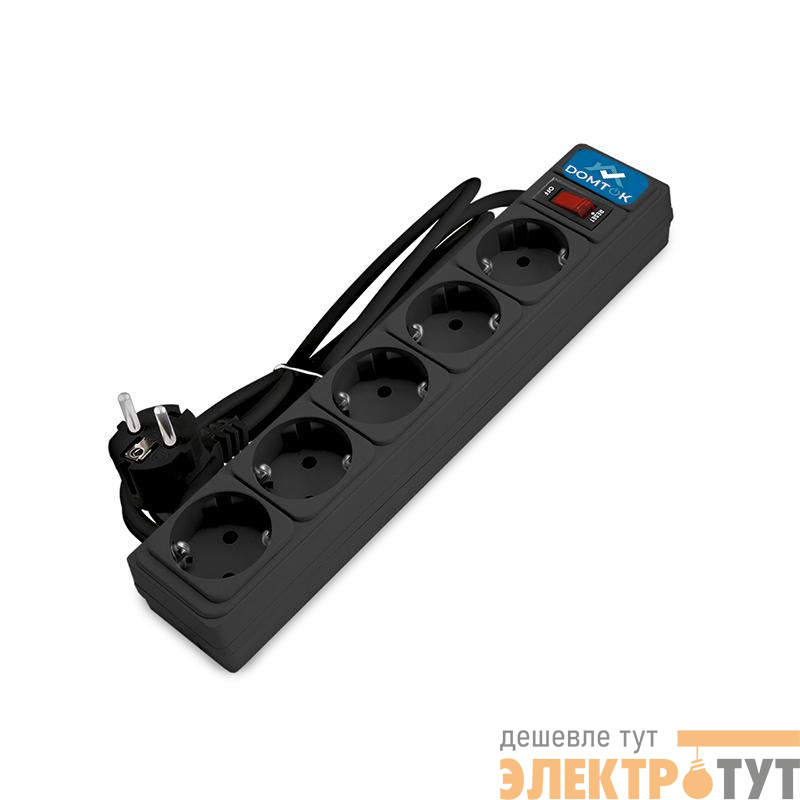 Удлинитель с сетевым фильтром 5х1.8м с заземл 10А IP20 2.2кВт ПВС 3х1 с выкл. черн. DOMTOK 2537