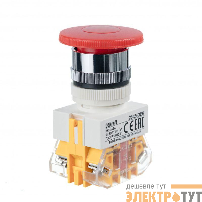 Выключатель кнопочный "Грибок" AEA ВК-22 d22мм 220В красн. DEKraft 25024DEK