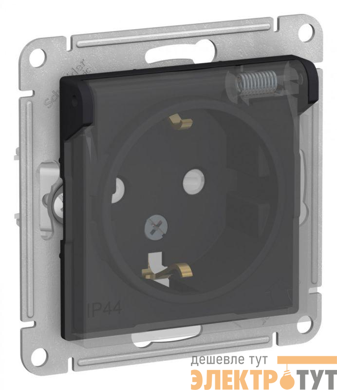 Розетка 1-м СП AtlasDesign Aqua 16А IP44 с заземл. защ. шторки с прозр. крышкой механизм карбон SE ATN441046