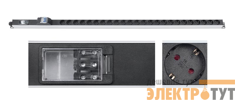 Блок розеток для 19дюйм шкафов PDU-32-24S-B-T вертик. 24 розетки Schuko 32А автомат защиты алюм. корпус клем. колодка Cabeus 9544c