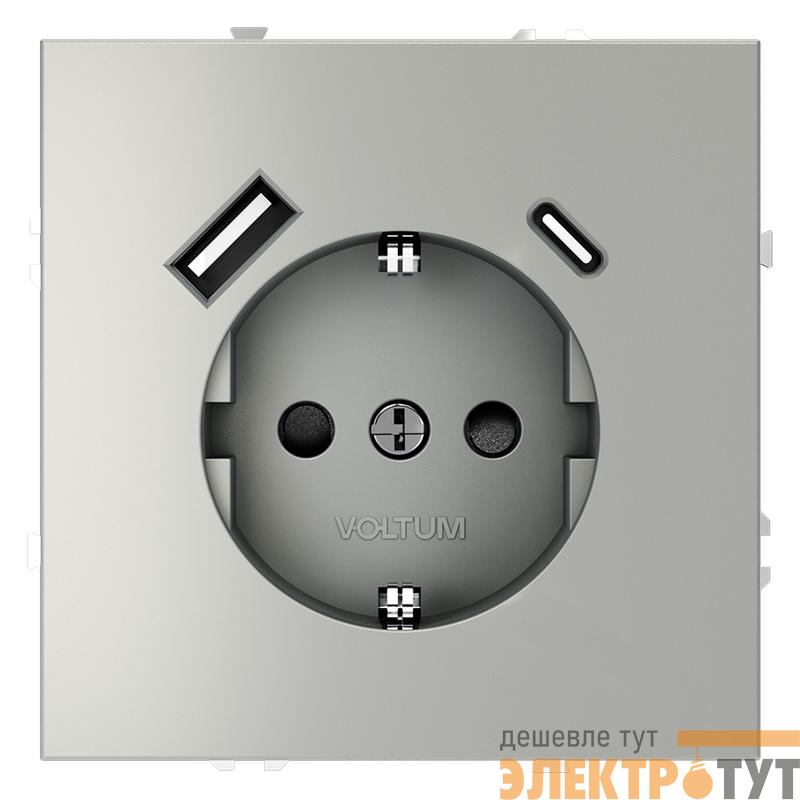 Розетка 1-м СП S70 16А с USB A+С с заземл. защ. шторки механизм сталь Voltum VLS040505