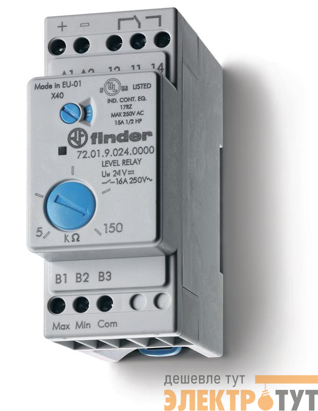 Реле контроля уровня настраиваемый диапазон чувствительности 5…150кОм 240В AC выход 1CO 16А модульное 35мм IP20 FINDER 720182400000