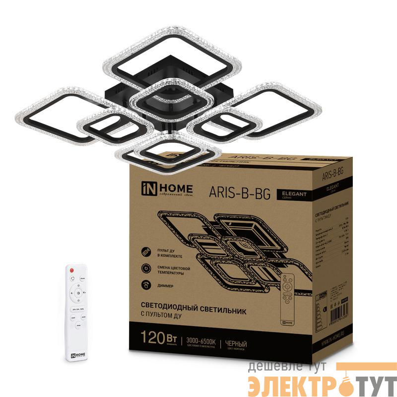 Светильник светодиодный ELEGANT ARIS-B-BG 120Вт 3000-6500К 8400лм 230В 600х600х110мм ПУ черн. IN HOME 4690612043265