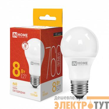 Лампа светодиодная LED-A60-VC 8Вт грушевидная 3000К тепл. бел. E27 760лм 230В IN HOME 4690612024004