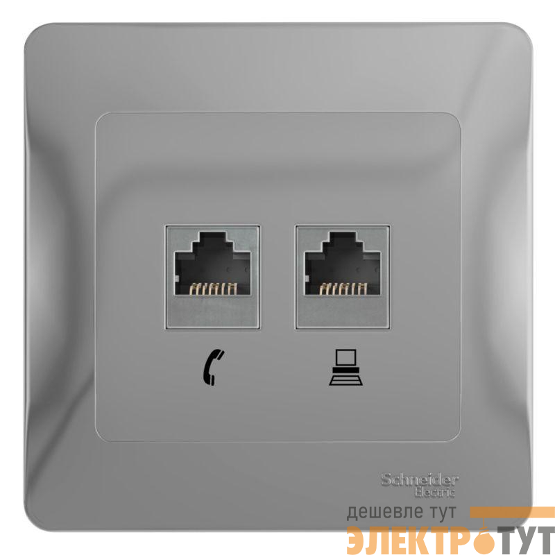 Розетка компьютерная + телефонная 2-м СП Glossa RJ45 + RJ11 кат.5E механизм алюм. SE GSL000385