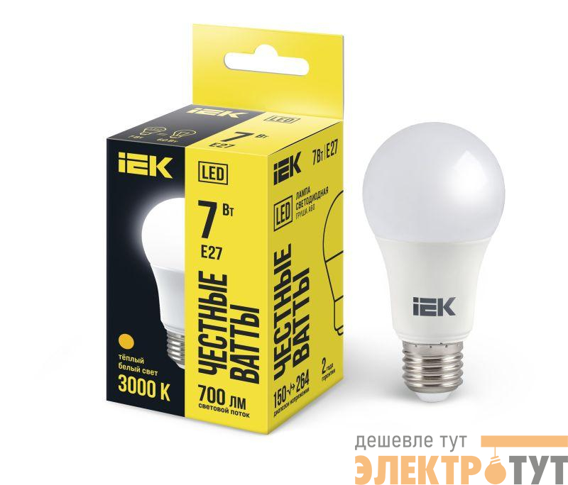 Лампа светодиодная Eco A60 7Вт грушевидная 3000К тепл. бел. E27 630лм 230-240В IEK LLE-A60-7-230-30-E27